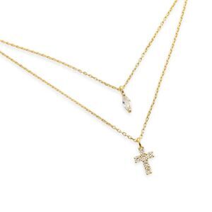 DOUBLE LAYERED Gold CRYSTAL CROSS NECKLACE